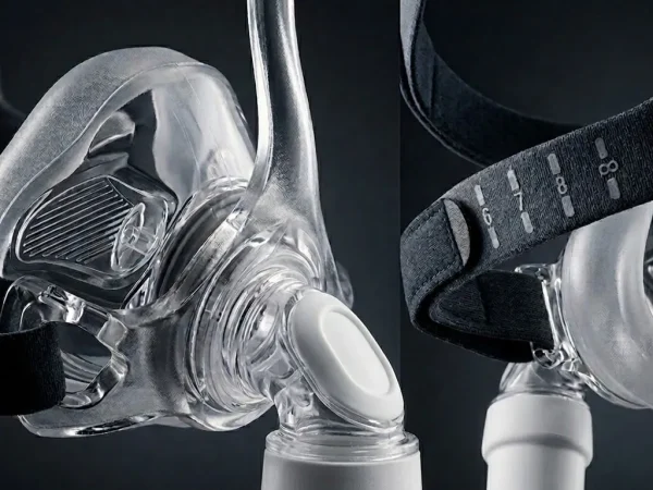 Máscara nasal com ajuste rápido e fixador Univeo Delta, oferece máximo conforto por meio de seu silicone anatômico e baixo ruído na exalação com o sistema Quiet Flow Leak.
